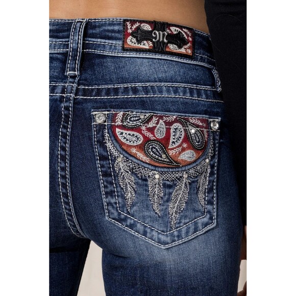Miss Me Womens 26 X 34 Paisley Dreaming Mid Rise Bootcut Stretch Jeans Dark Wash - Picture 1 of 16